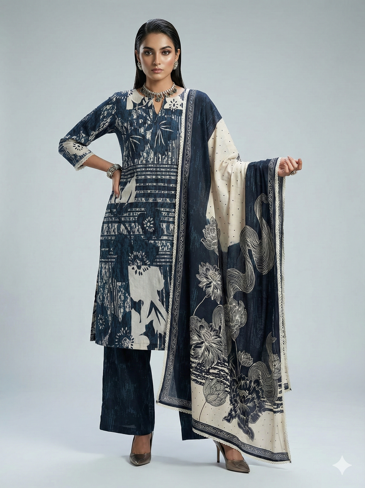 Navy Blue printed floral reyon